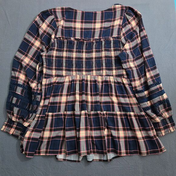 Torrid Womens 1X Babydoll Rayon Slub Lace Inset Smocked Tiered Plaid Navy Blouse - Picture 2 of 16